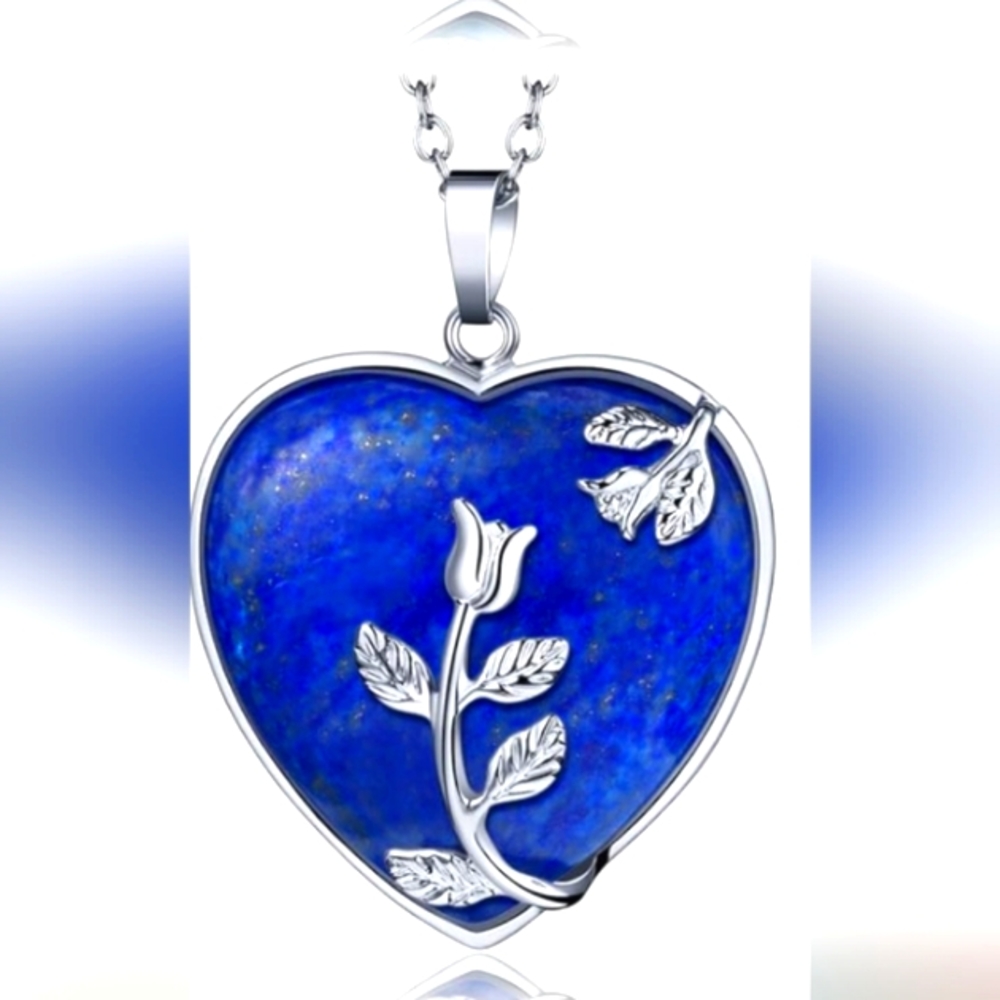 STERLING LAPIS LAZULI HEART PENDANT / ROSES 2 INCH HEART 20-IN CHAIN